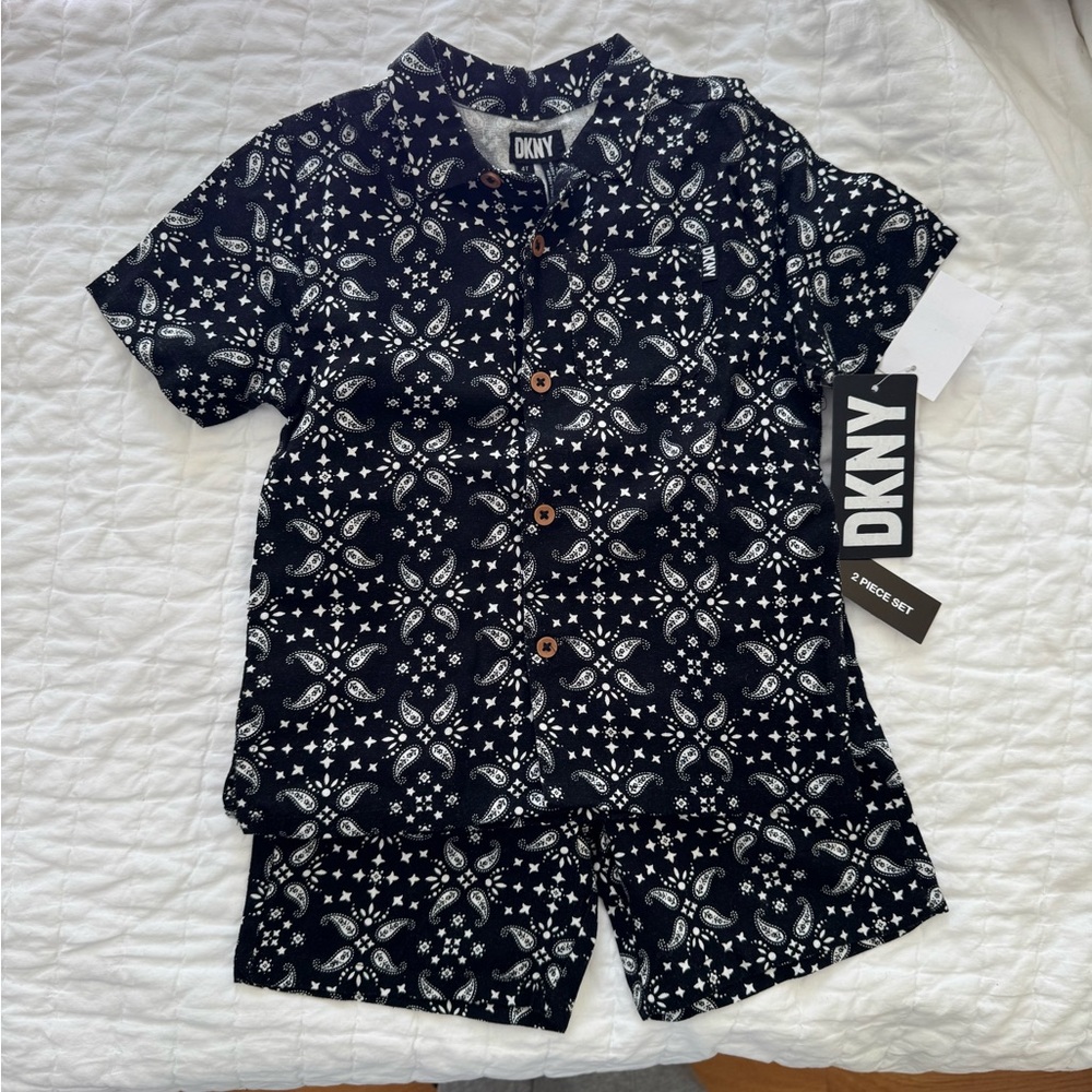 DKNY Paisley Black and White Button Down Toddler Shirt and Short Set